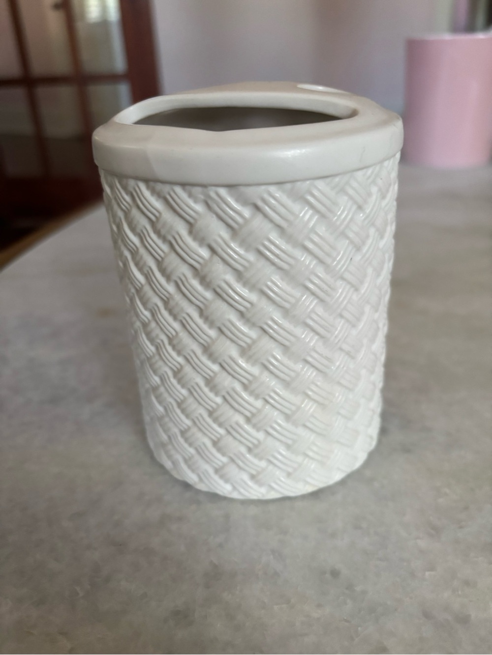 Pottery Barn White Ceramic Toothbrush Holder - Classic Woven Texture